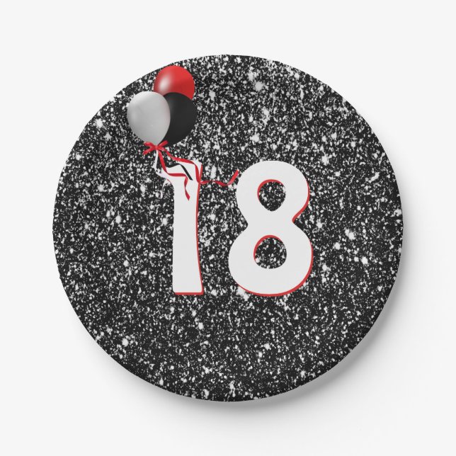 18th Birthday Balloons on Black Glitter  Paper Plates (Front)