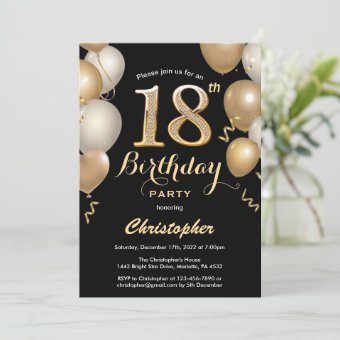 18th Birthday Black And Gold Balloons Confetti Invitation 