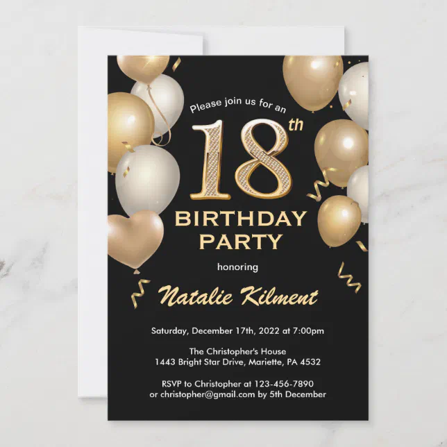 18th Birthday Black and Gold Glitter Balloons Invitation | Zazzle