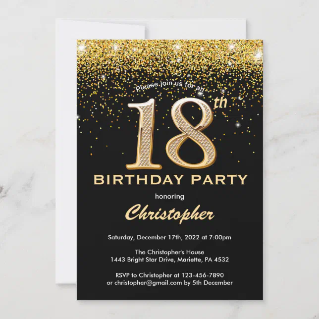 18th Birthday Black and Gold Glitter Confetti Invitation | Zazzle