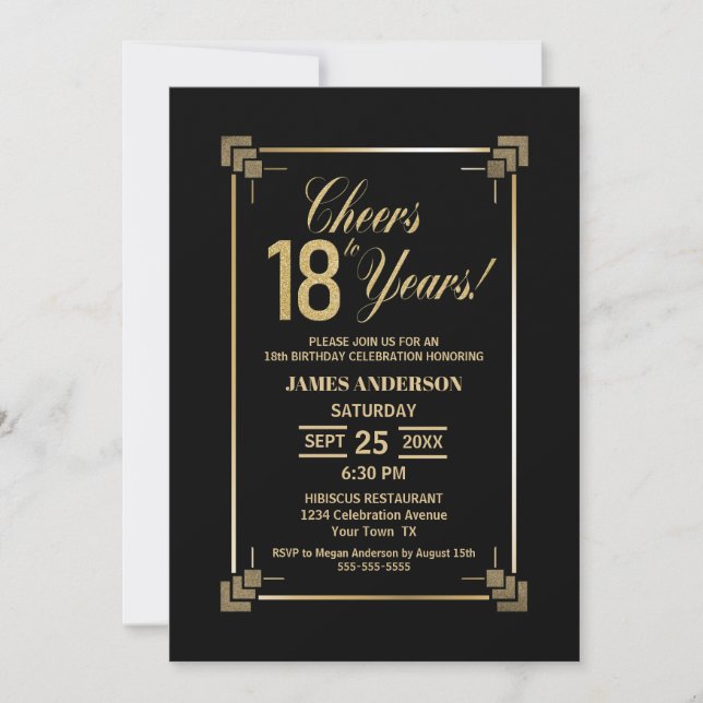 18th Birthday Black and Gold Party Invitation (Front)