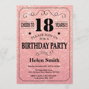 18th Birthday Black and Pink Rose Gold Glitter Invitation