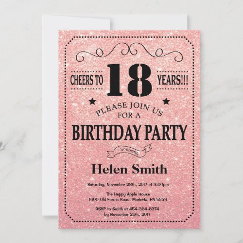 18th Birthday Black and Pink Rose Gold Glitter Invitation