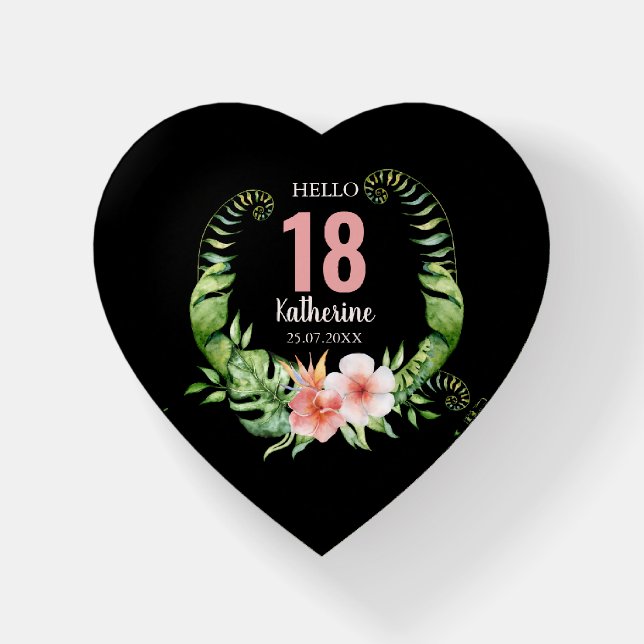 18th Birthday black Floral Name  Paperweight (Front)