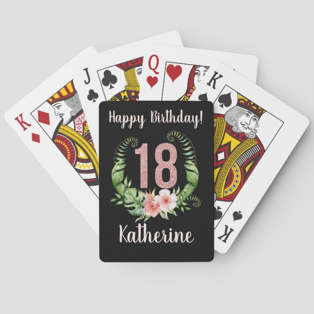 18th birthday black floral poker cards (Back)