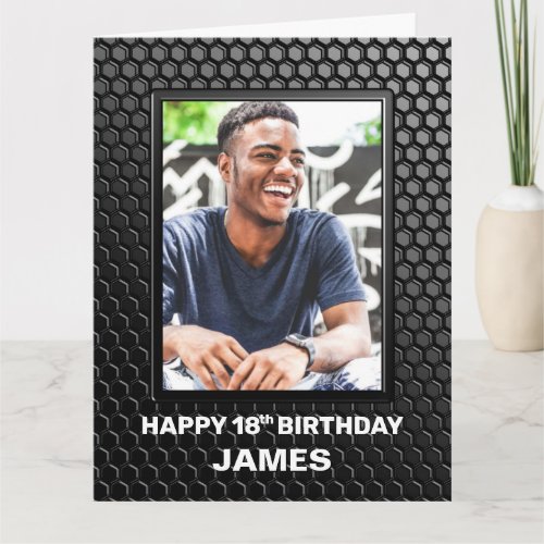 18th Birthday Black Geometric Pattern Custom Photo Card