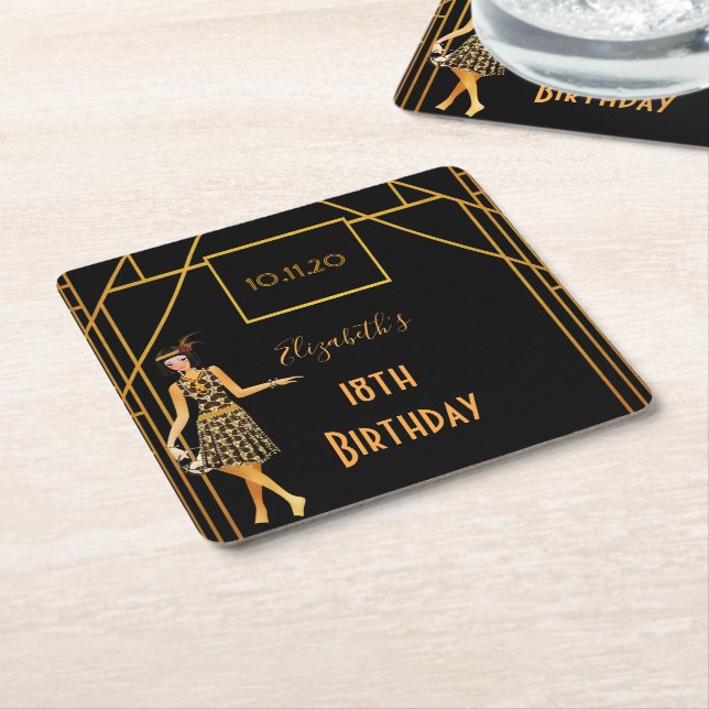 18th birthday black gold 1920's art deco square paper coaster (Angled)