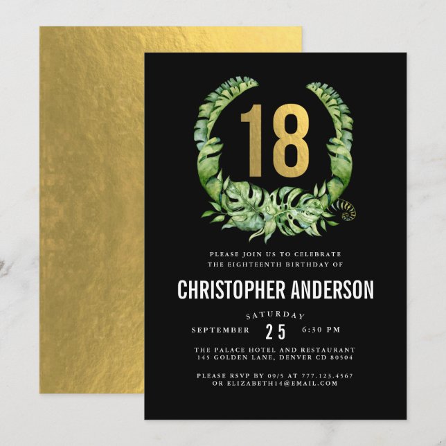 18th birthday black gold boys invitation (Front/Back)