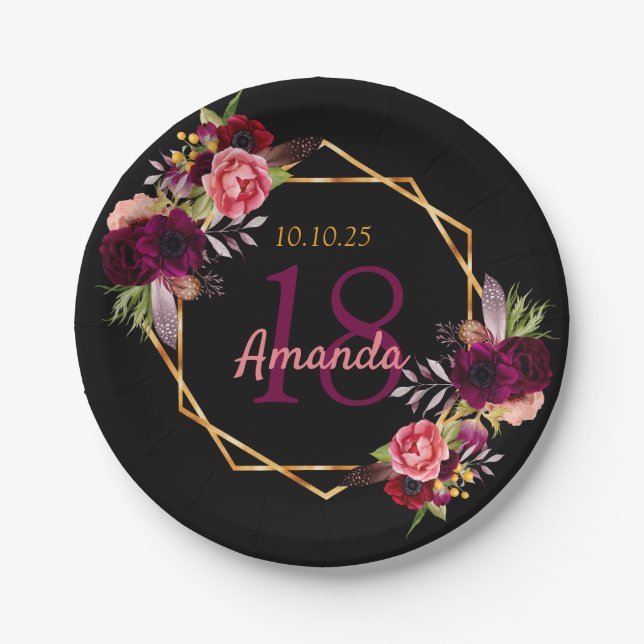 18th birthday black gold  geo floral burgundy paper plates (Front)