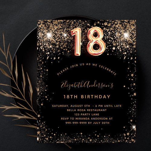 18th birthday black gold glitter budget invitation