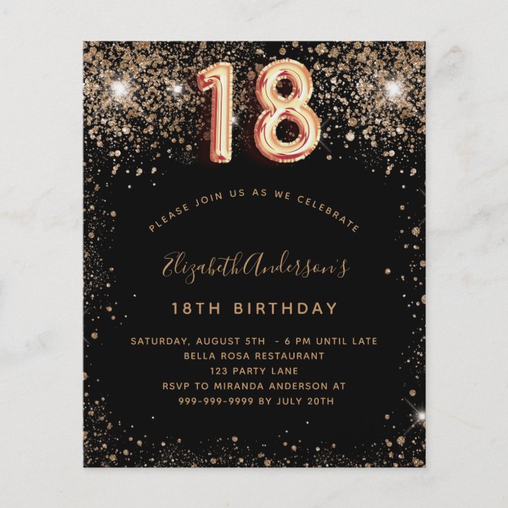 18th birthday black gold glitter budget invitation flyer | Zazzle