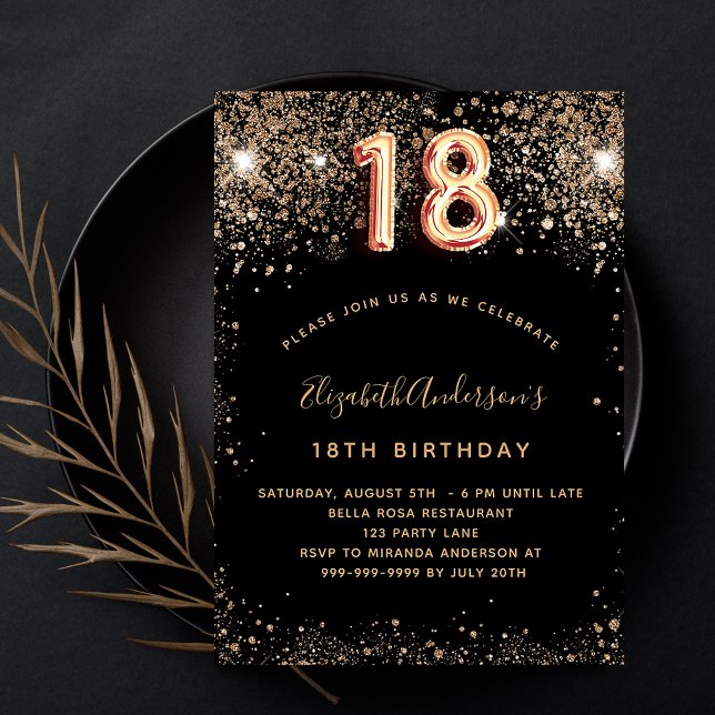 18th birthday black gold glitter glamorous invitation (Creator Uploaded)