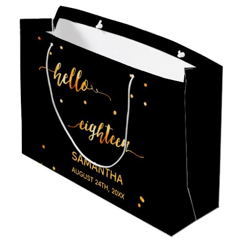 18th birthday black gold hello 18 typography name large gift bag
