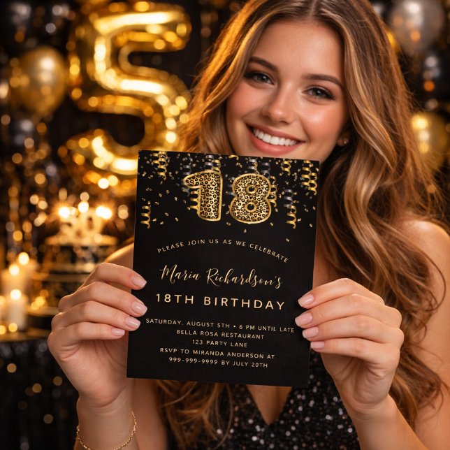 18th birthday black gold leopard print confetti invitation (Creator Uploaded)