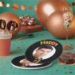 18th birthday black gold photo boy paper plates<br><div class="desc">A paper plate for a 18th birthday party for guys. Template for your photo.  Black background and the text: Happy 18.  The text is written with a trendy faux gold balloon script.</div>