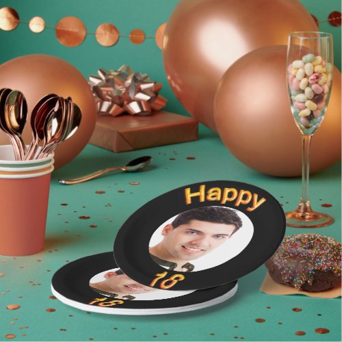 18th birthday black gold photo boy paper plates