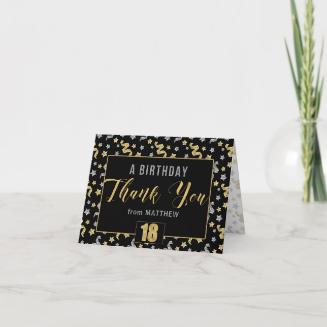 18th Birthday Black Gold Silver Confetti with Name Thank You Card (Front)