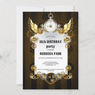 18th Birthday Black Gold Steampunk Watch Gears Invitation
