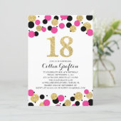 18th Birthday Black Hot Pink Gold Glitter Confetti Invitation (Standing Front)