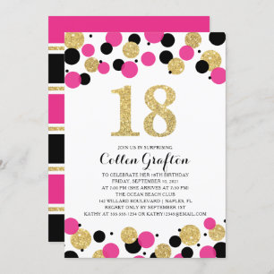 18th Birthday Black Hot Pink Gold Glitter Confetti Invitation