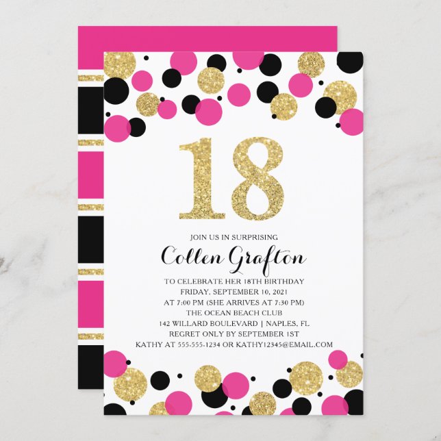 18th Birthday Black Hot Pink Gold Glitter Confetti Invitation (Front/Back)