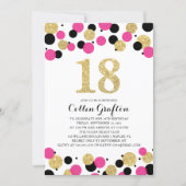 18th Birthday Black Hot Pink Gold Glitter Confetti Invitation (Front)