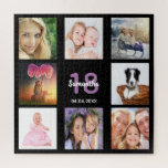 18th birthday black photo collage girl jigsaw puzzle<br><div class="desc">A gift for a girl's 18th birthday,  celebrating her life with a collage of 8 of your photos.  Templates for a name,  age 18 and a date.  Date of birth or the date of the anniversary.  Purple and white colored letters. Chic black background color.</div>