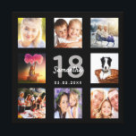 18th birthday black photo collage name canvas print<br><div class="desc">A unique 18th birthday gift or keepsake, celebrating her life with a collage of 8 of your photos. Add images of her family, friends, pets, hobbies or dream travel destination. Personalize and add a name, age 18 and a date. Gray and white colored letters. A chic black background. This canvas...</div>