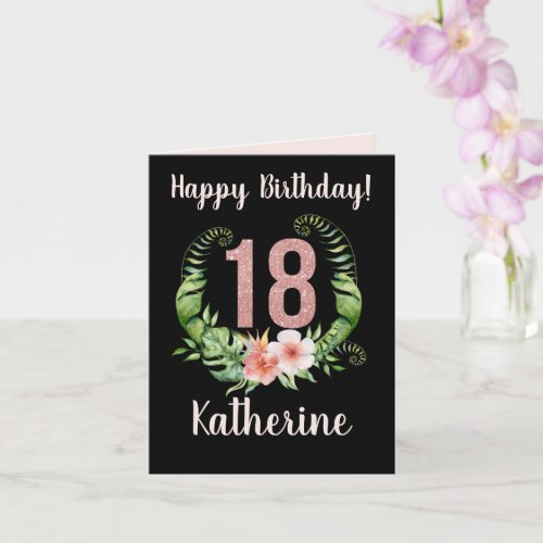 18th Birthday Black Pink Glitter Floral Name Card