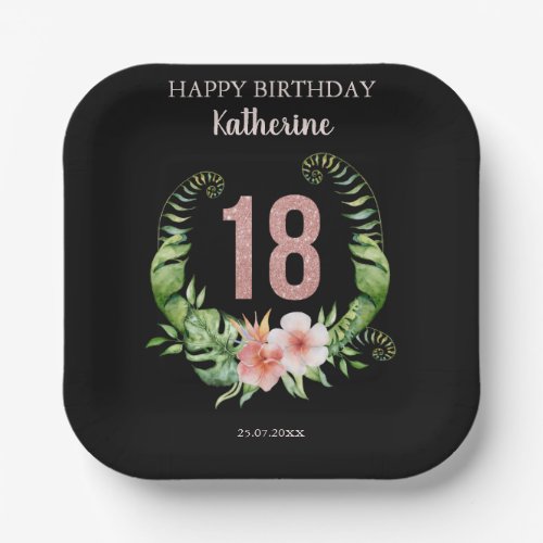 18th Birthday black rose gold glitter floral Paper Plates