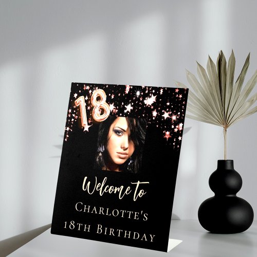 18th Birthday black rose gold photo star welcome Pedestal Sign