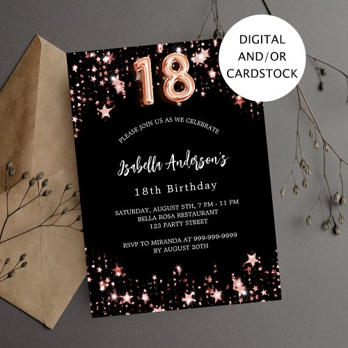 18th birthday black rose gold stars invitation