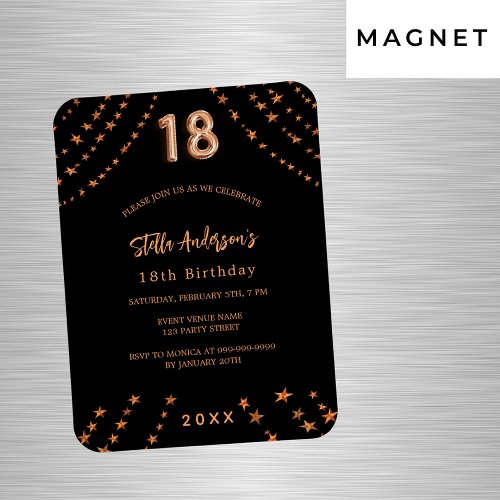 18th birthday black rose gold stars invitation magnet
