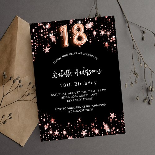 18th birthday black rose gold stars invitation postcard