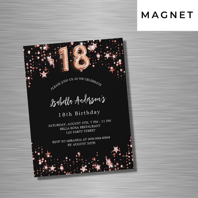 18th birthday black rose gold stars luxury magnetic invitation (Creator Uploaded)