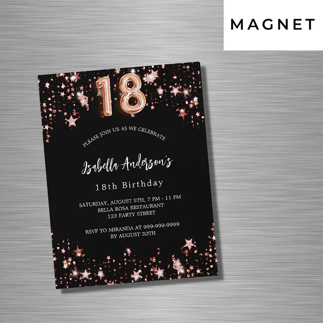 18th birthday black rose gold stars luxury magnetic invitation | Zazzle