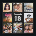18th birthday black silver custom photo collage faux canvas print<br><div class="desc">A unique gift for a girl's 18th birthday, celebrating her life with a collage of 8 of your own photos, pictures. Personalize and add her name and a date. A chic black background. The name is written with a modern hand lettered style script, number 18 with a faux silver balloon...</div>