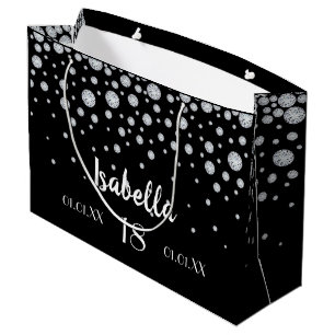 18th birthday black silver diamonds name large gift bag