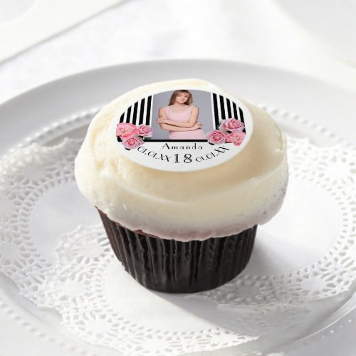 18th birthday black stripes florals photo name edible frosting rounds