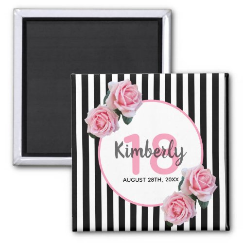 18th birthday black stripes pink florals magnet