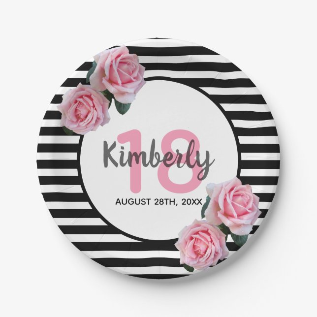 18th birthday black stripes pink florals paper plates (Front)