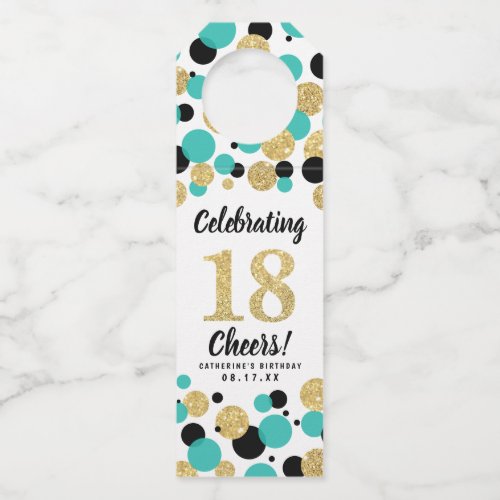 18th Birthday Black Teal Gold Glitter Confetti Bottle Hanger Tag