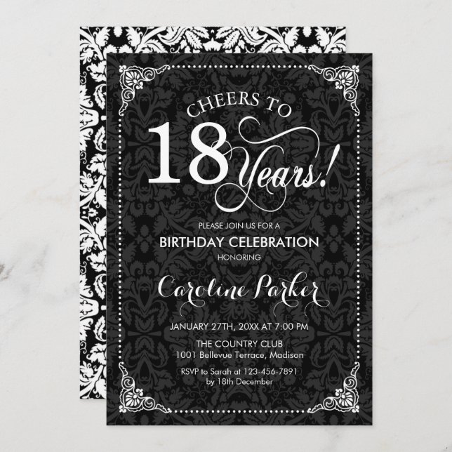 18th Birthday - Black White Damask Invitation (Front/Back)