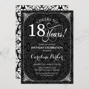 18th Birthday - Black White Damask Invitation