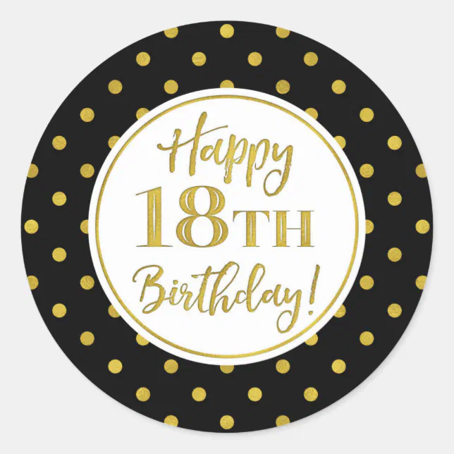 18th Birthday Black White Gold Dots Classic Round Sticker | Zazzle