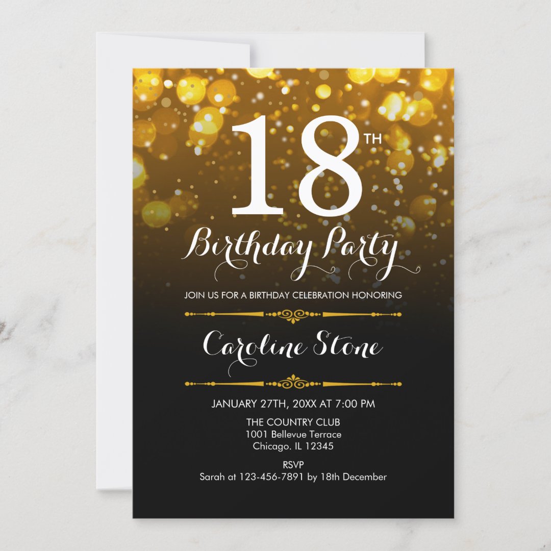 18th Birthday - Black White Gold Invitation | Zazzle