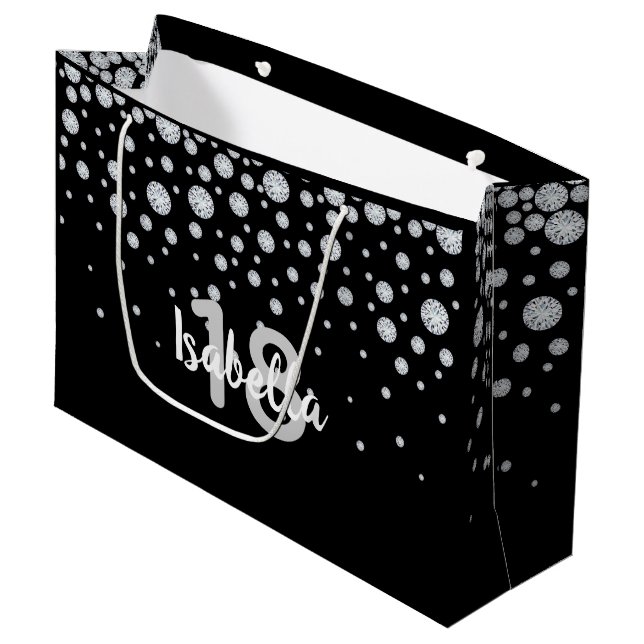 18th birthday black white name glamorous diamonds large gift bag (Front Angled)