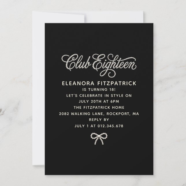 18th Birthday Black White Pearl Script Bow Invitation (Front)