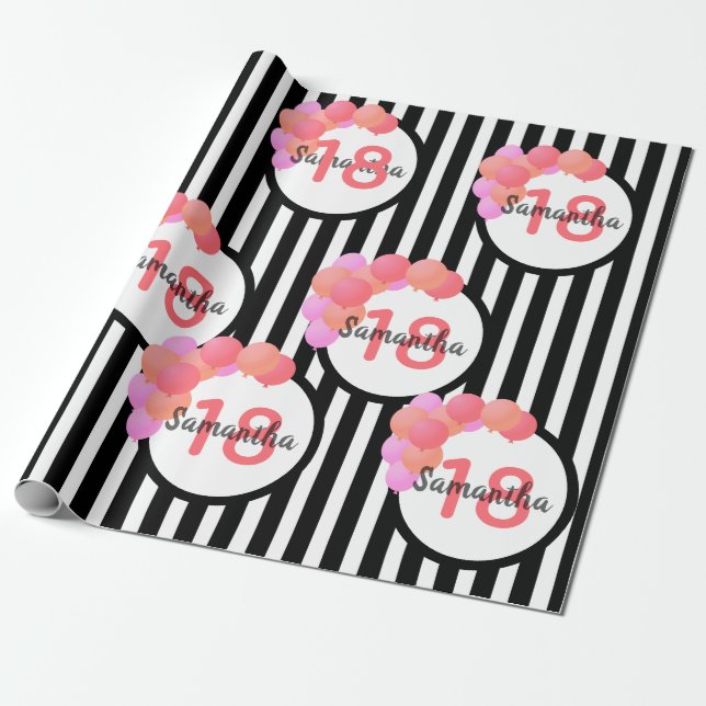 18th birthday black white stripes balloons pink wrapping paper (Unrolled)