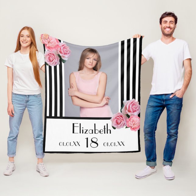 18th birthday black white stripes floral photo fleece blanket (In Situ)